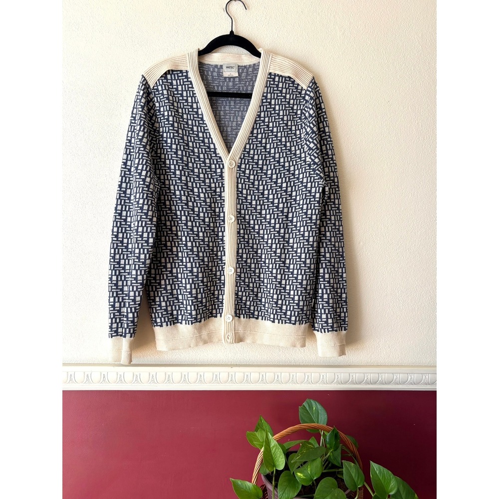WeSC Dorian Jaquard Knitted Cardigan Blue Cream 100% Wool Sweater M Scandinavian